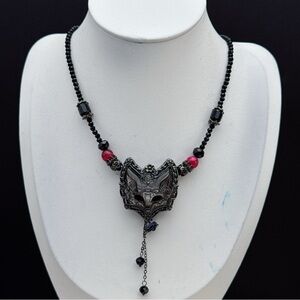 26X12 Handmade Black Spinel Necklace with Sliver Obsidian Fox Mask Pendant